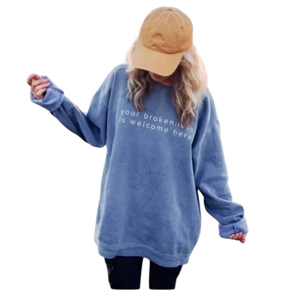 Your Brokenness is welcome here Blue‎ Ribbed Knit sweatshirt Medium